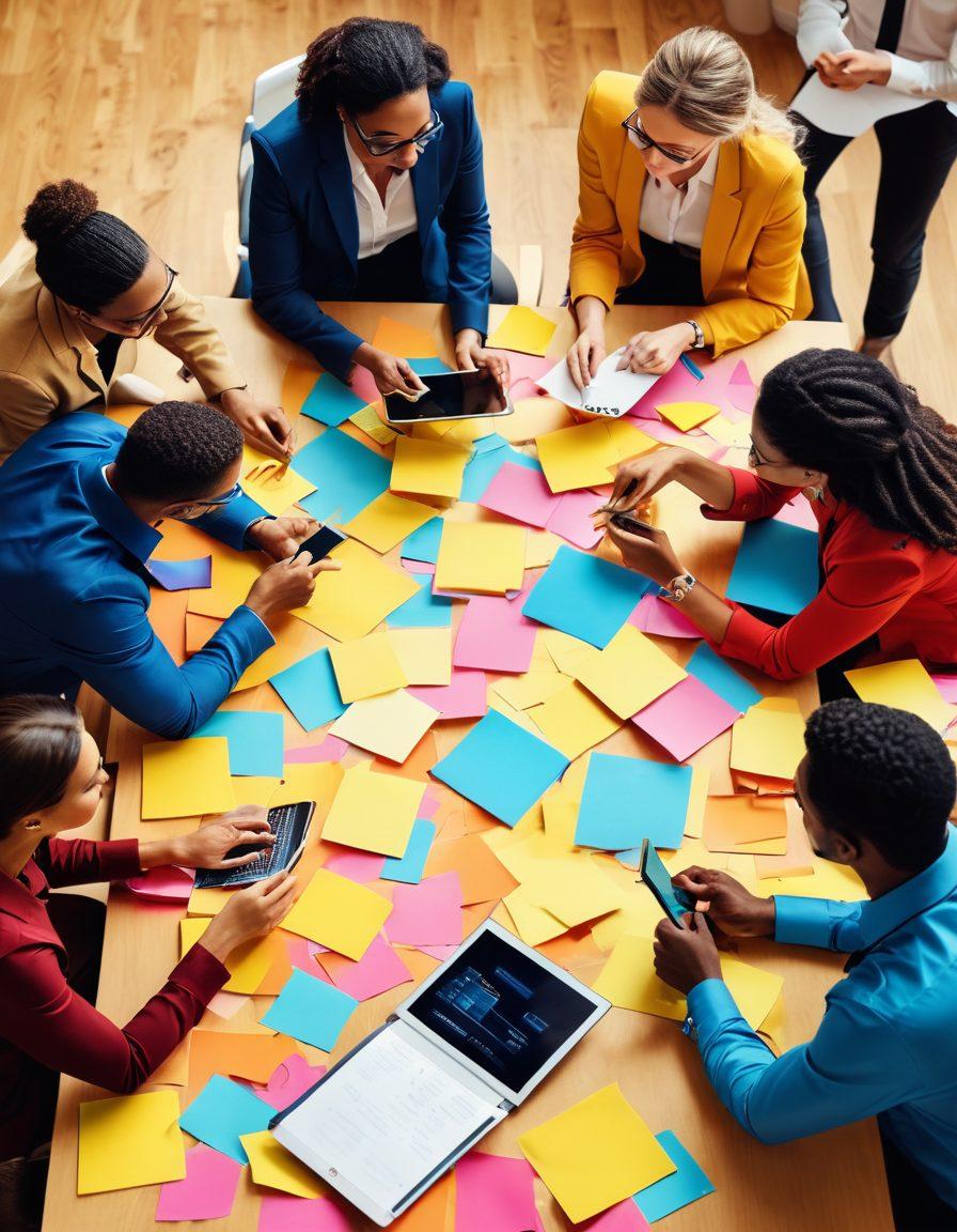 A dynamic illustration showcasing a diverse group of professionals passionately engaged in brainstorming, surrounded by colorful post-it notes and digital devices. Incorporate elements symbolizing enterprise success, like upward arrows and gears, in the background. The scene should radiate energy and collaboration, emphasizing the importance of engagement. vibrant colors. digital art. energetic atmosphere.