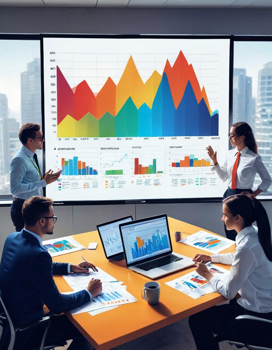 A dynamic office scene depicting a diverse group of motivated employees collaborating energetically around a large table, with vibrant visuals of charts and success metrics in the background. Spotlight on teamwork and enthusiasm, showcasing a blend of modern technology and a thriving workspace. Incorporate elements symbolizing dedication like a plant growing towards sunlight, representing growth and success. vector art. vibrant colors.